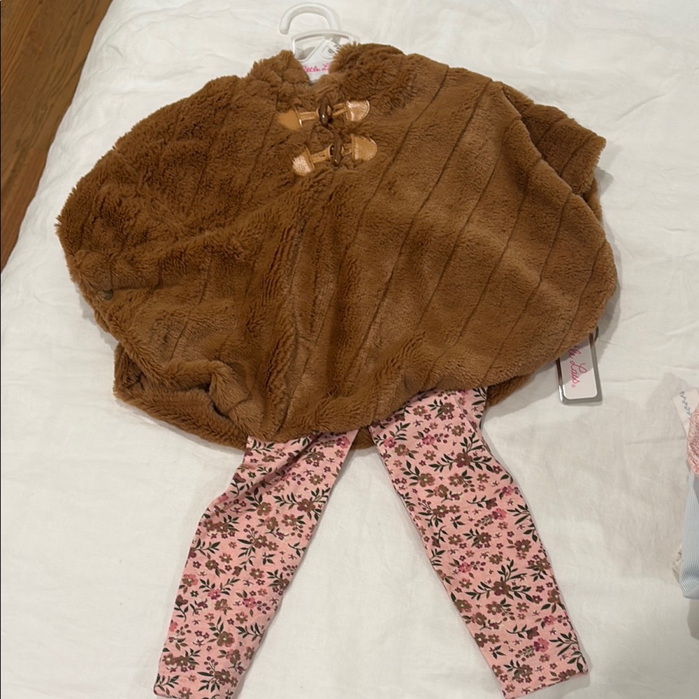 Little Lass Brown Cape with Pink Floral Leggings Set